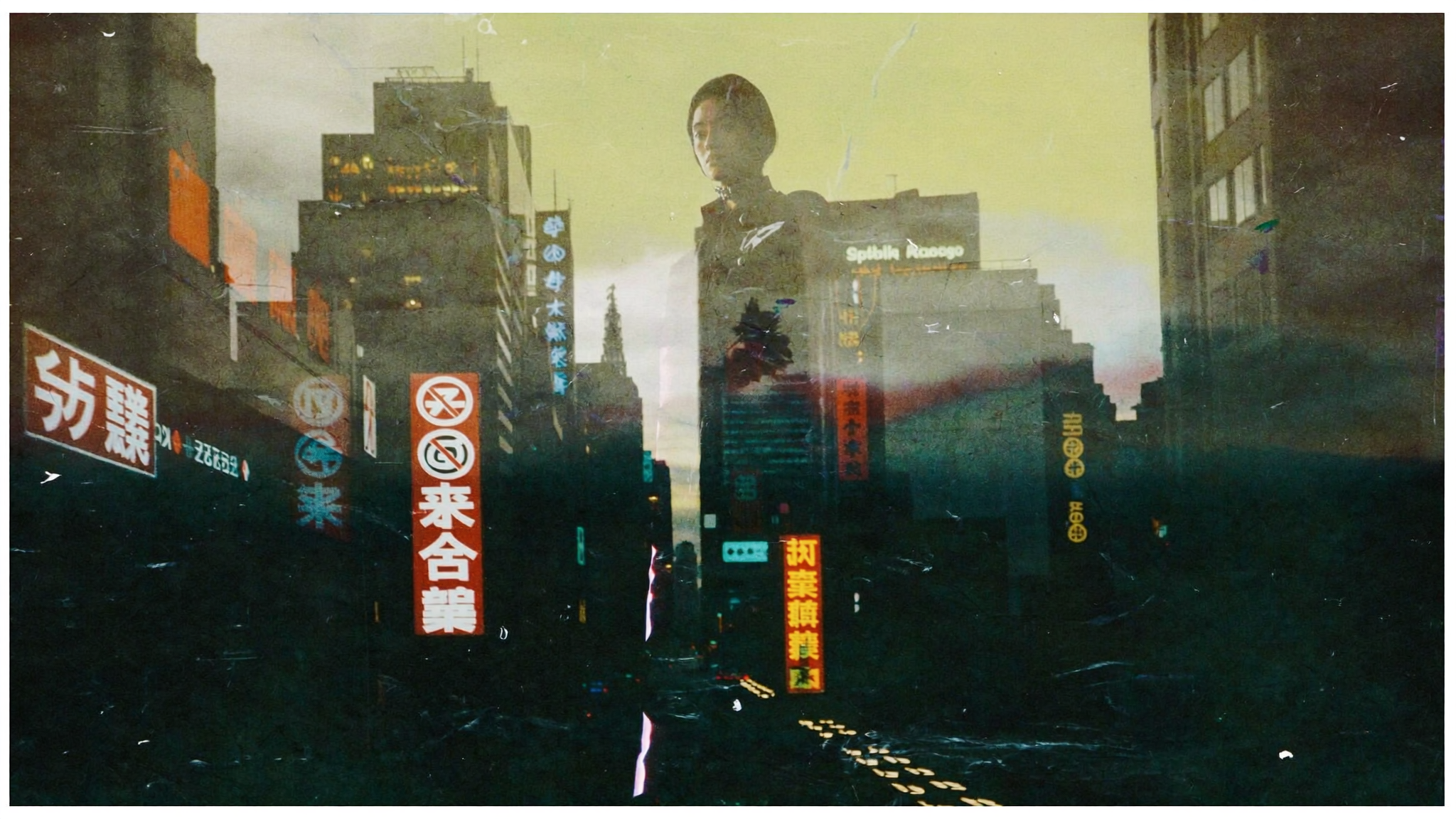 A face projected across a neon cityscape — the AI learning to see through the noise