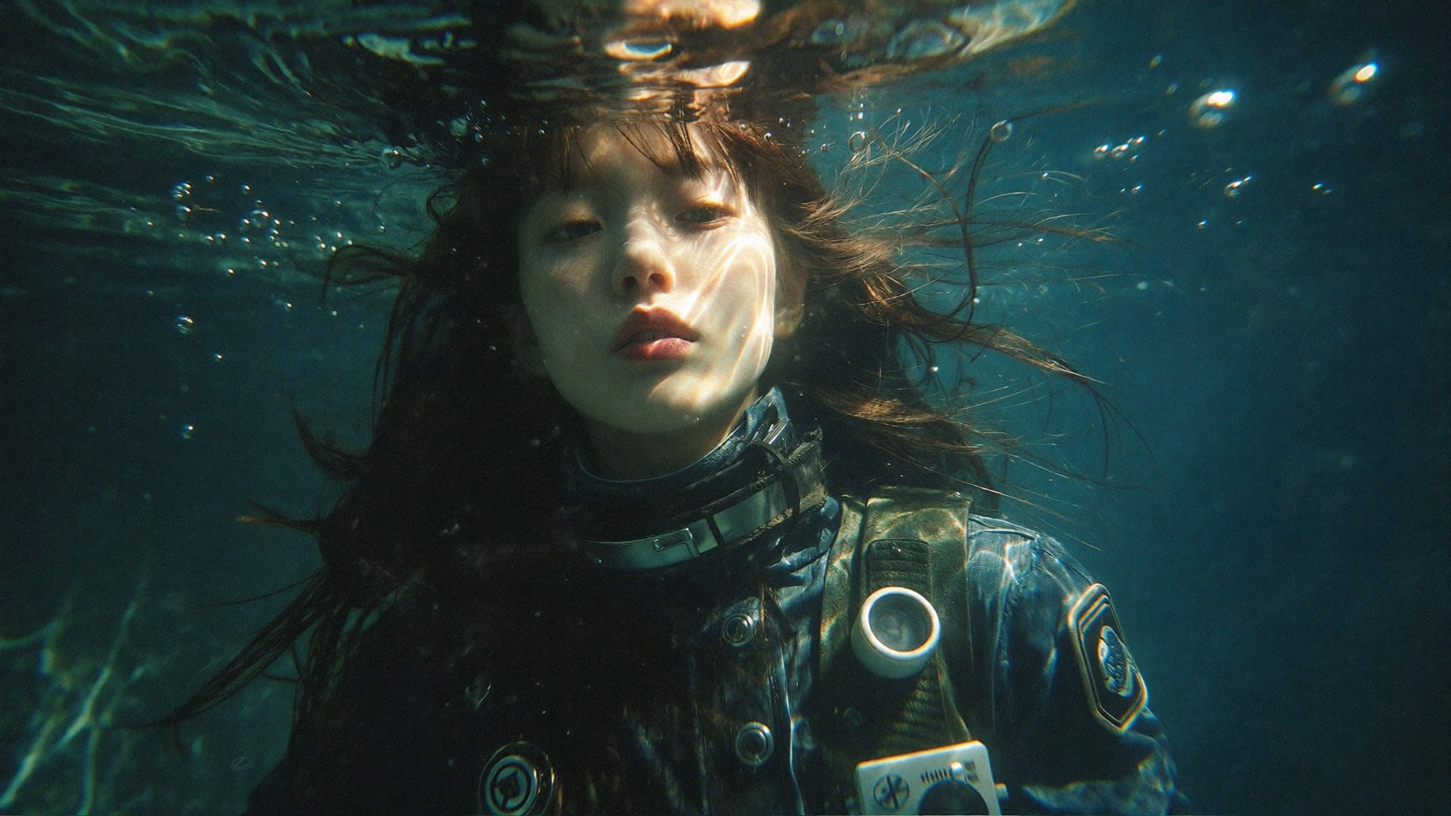 A figure submerged — Partenope descending through water, cinestill low light